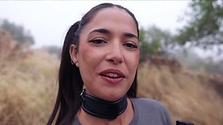Gorgeous Spanish goddess gets ass punished and tied up for piss play by an olive grove