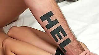 Asian Girl, White Guy - Hobble Belt Bondage Fuck and Facial