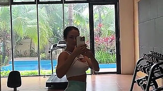 Sexy Workout, Jumping on a Ball, Tits Flash in a Public Gym