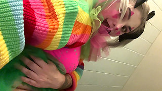 Trashy Clown Girl Public Toilet Pissing Flashing and Smoking