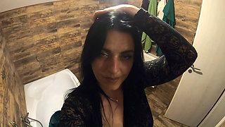 Bathroom Toilet Fetish. Lace Robe Dirty Talk and Shiny Dress Pee Close up