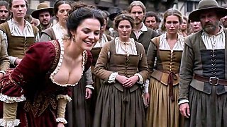 Medieval maid roped and displayed for village gangbang show