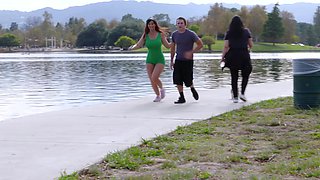 Redheaded Syren de Mer gets her massive fakes handled by horny Nathan in a raunchy reality romp