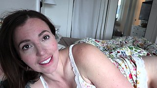 Busty curly brunette with big boobs fucks on couch