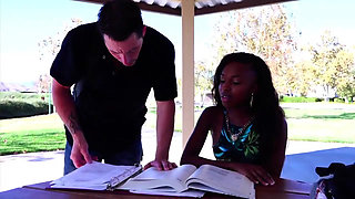 Young stunning black chick picked up by a white old pig