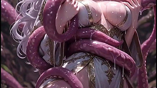 White-haired Elven Priestess with Worm Monster, Anime Hentai
