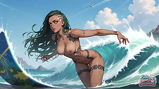 Green Hair Cybernetic Babe Sips Coffee on the Beach