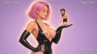 Anime Latex Mistress Kisses the Tiny Man on Her Palm While Milk Drips From Her Breasts