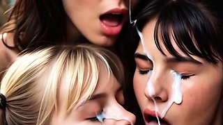 Blondes brunettes lick cum-dripping dildo in teal room