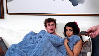 Busty curly brunette with big boobs fucks on couch