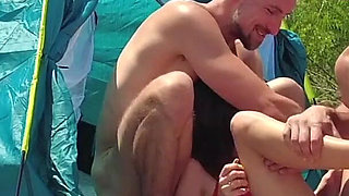 Two Males Met a Couple and Fucked His Girlfriend Right on a Public Beach.