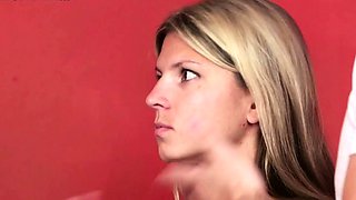 Cute blonde CFNM ladies share lucky cock