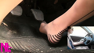Sensual Driving and Pedal Pumping in Fancy Charmante Seamed Pantyhose