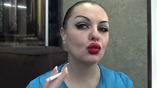 Sexy make-up huge red lips smoking