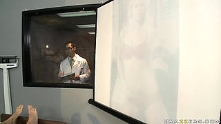 Blondie nurse with big boobs Riley Evans rides a huge boner