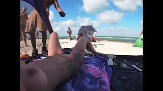 Nude Beach Voyeur: Blonde Wife Kandii Kiss Watches Men Jerk Off in Public POV