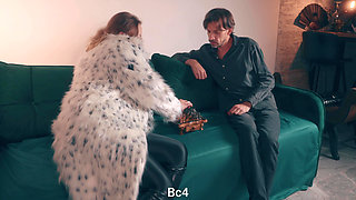 Chess Loser Gets Destroyed - Dominant MILF in Fur Coat & Spandex Leggings Takes Control with Rough Handjob & Amazon Ride