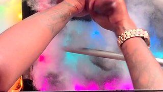 Hot blonde strokes and sucks black cock in glory hole