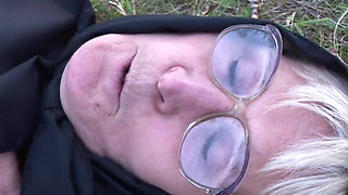 Blonde granny spread wide and fucked deep in the grass