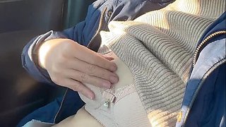 Asian teen with hairy pussy opens up in car then goes outside to piss