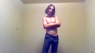 Transgirl Pre-op Topless in Only Jeans, Aroused  Self-photography Posing