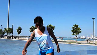 Thai skater teen relaxing on a big cock