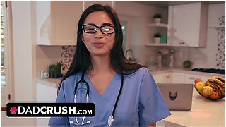 Cute Nurse Stepdaughter Scarlett Alexis Tests How Long Stepdad Can Last Without Cummming