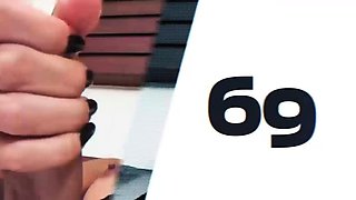 Brunette ladyboy with high heels jerks off her big shaved