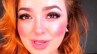 Busty redhead babe strips and masturbates
