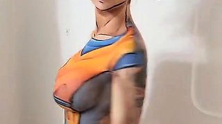 MILF cosplayer reveals fabulous big tits in the shower