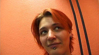 Redhead whore with small tits masturbating solo