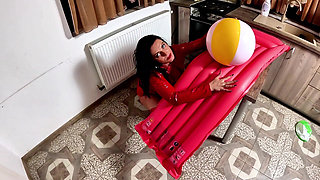 Dominant Red Pvc MILF Inflatable Mattress Fetish. Giant Beach Balls, POV Sex, Double Cum and Popping