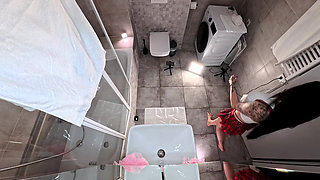 Beautiful Brunette with Big Tits in the Bathroom Takes Her Red Satin Thong to Flash Her Tight Meaty Pussy and Naked Ass