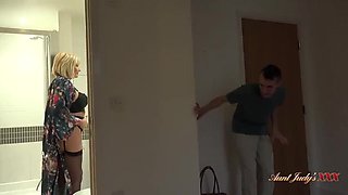 Busty Blonde GILF Amy Catches Step Nephew Watching - Big Tits Handjob & Cumshot