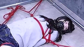 The Lovely Girlfriend Is Bound by Gloves, a Collar, and a Gag