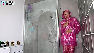 Slippery Pink Pvc Shower Tease: Soaked and Squeaky Fun