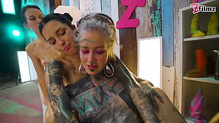 Oily Lesbian Metal Toy Threesome Girls Slippery Fuck