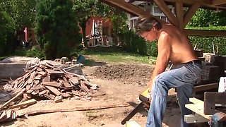 Brunette mature seduces young builder guy to fuck her