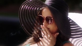 A hot brunette with long hair fucks with her boyfriend in thong