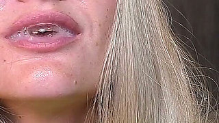 Blonde in Nylon Bodysuit Sucks Cock Beautifully and Swallows Cum